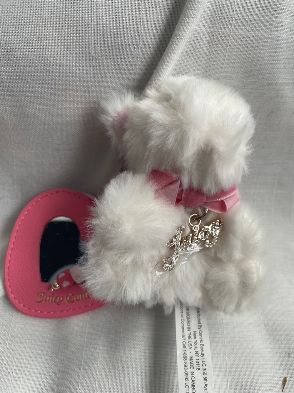 Juicy Couture White Plush Bear Keychain with Pink Bow and Charm